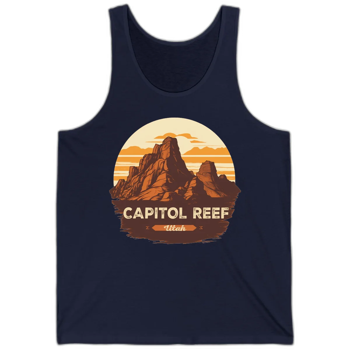 Vintage-style illustration of Capitol Reef Utah's dramatic desert rock formations and buttes against an orange sunset sky with cream clouds in Navy