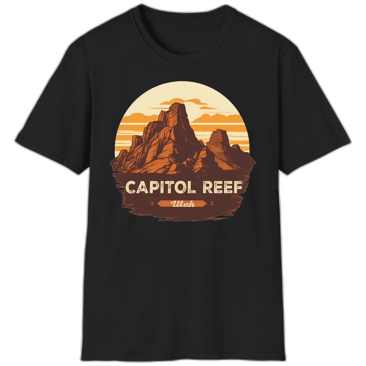 Vintage-style illustration of Capitol Reef Utah's dramatic desert rock formations and buttes against an orange sunset sky with cream clouds in Black