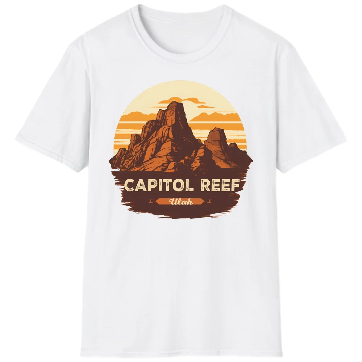 Vintage-style illustration of Capitol Reef Utah's dramatic desert rock formations and buttes against an orange sunset sky with cream clouds in White