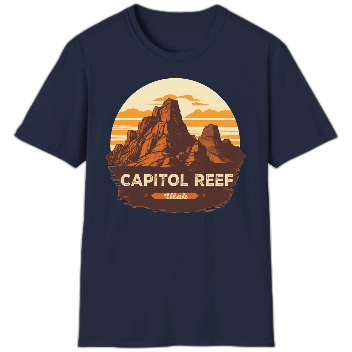 Vintage-style illustration of Capitol Reef Utah's dramatic desert rock formations and buttes against an orange sunset sky with cream clouds in Navy