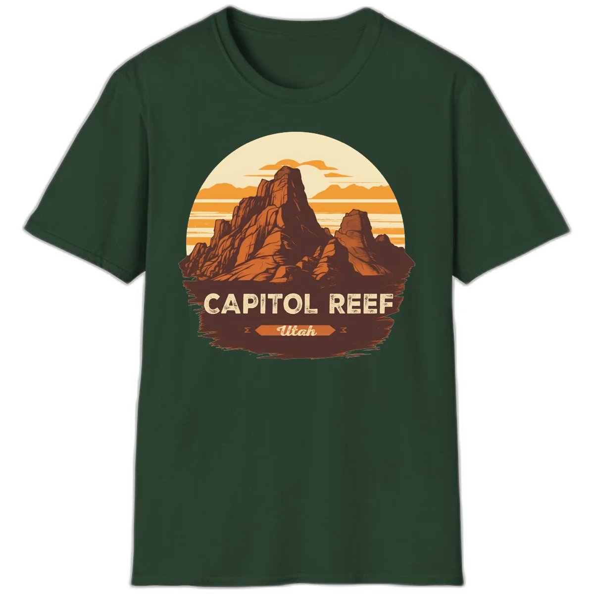 Vintage-style illustration of Capitol Reef Utah's dramatic desert rock formations and buttes against an orange sunset sky with cream clouds in Forest Green