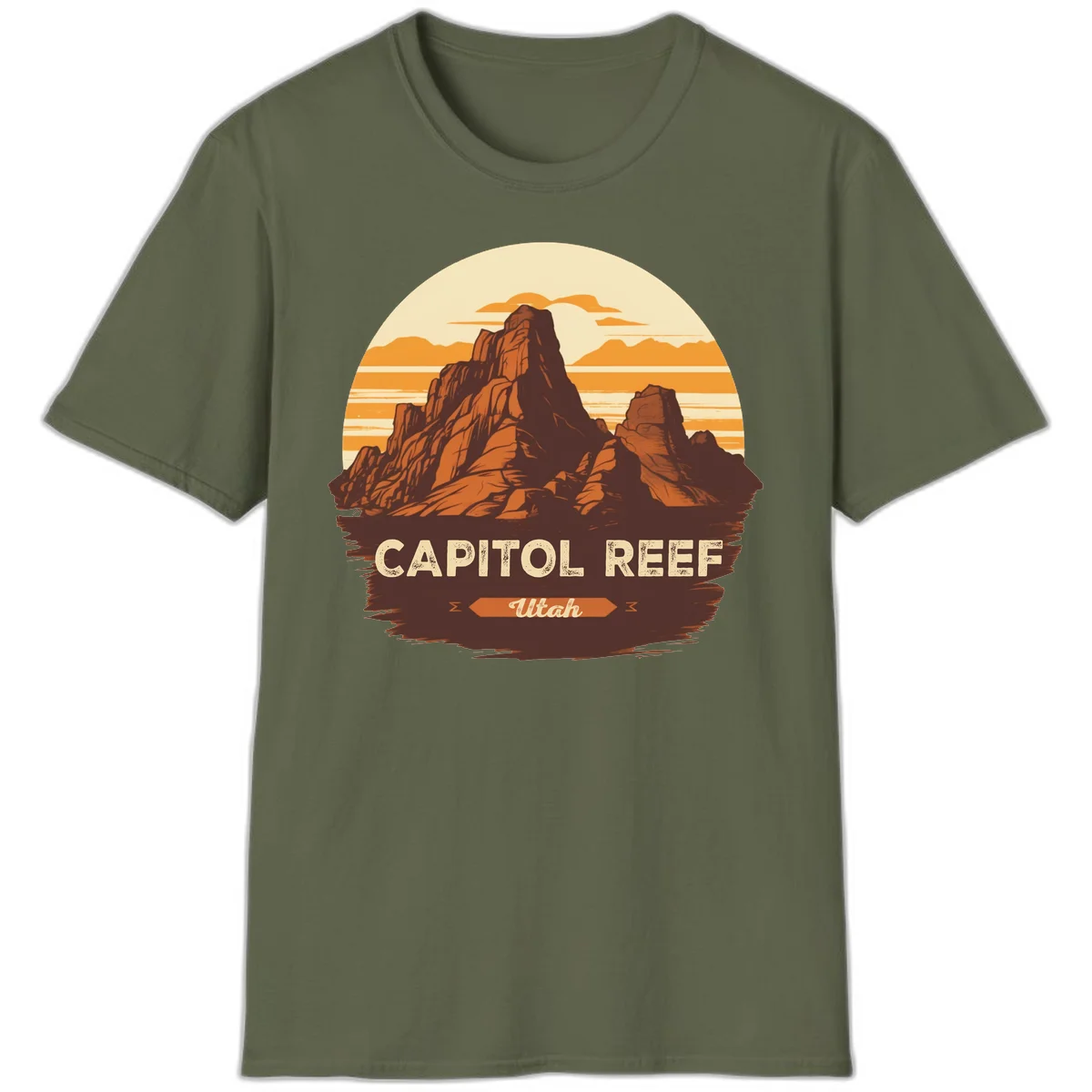Vintage-style illustration of Capitol Reef Utah's dramatic desert rock formations and buttes against an orange sunset sky with cream clouds in Military Green