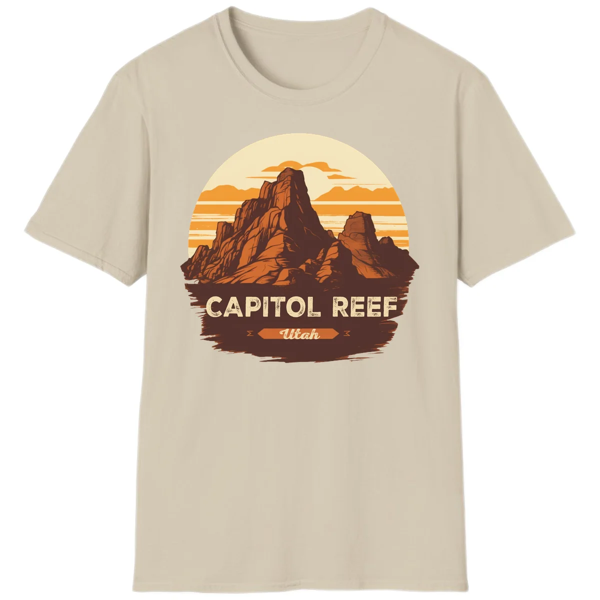 Vintage-style illustration of Capitol Reef Utah's dramatic desert rock formations and buttes against an orange sunset sky with cream clouds in Sand