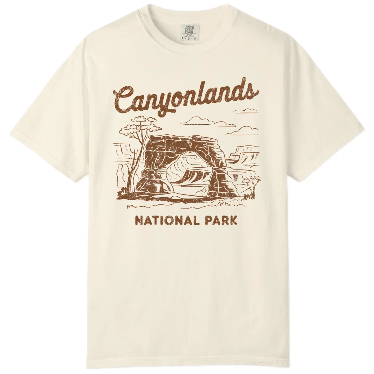 Vintage illustration of Canyonlands National Park featuring layered red rock canyon formations, desert acacia tree, and clouds in rust orange line art. in Ivory