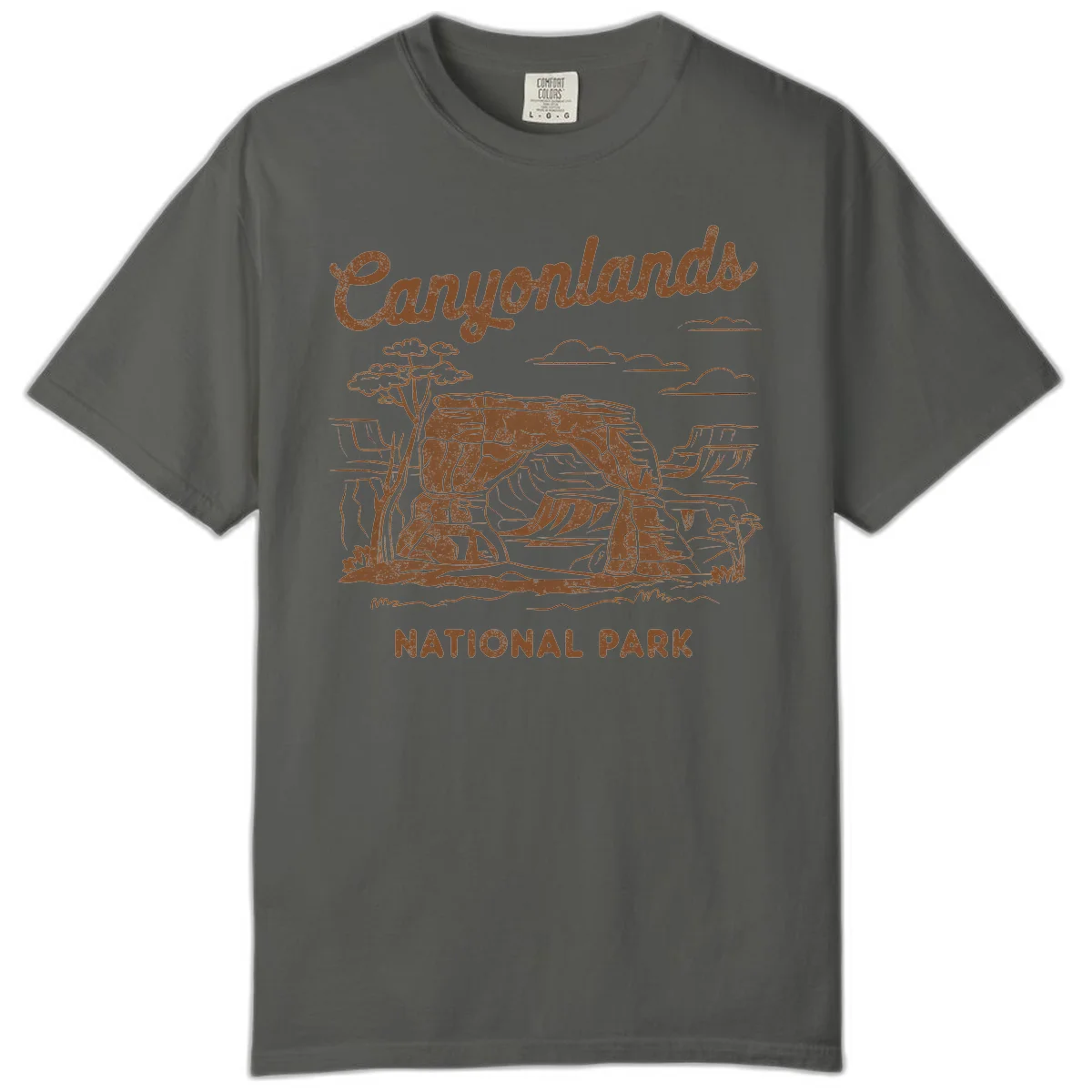 Vintage illustration of Canyonlands National Park featuring layered red rock canyon formations, desert acacia tree, and clouds in rust orange line art. in Pepper