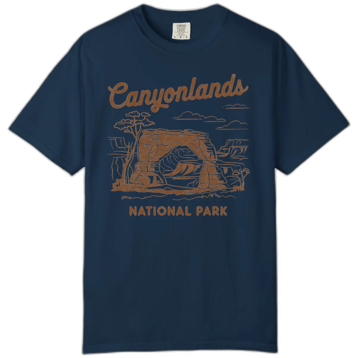 Vintage illustration of Canyonlands National Park featuring layered red rock canyon formations, desert acacia tree, and clouds in rust orange line art. in True Navy