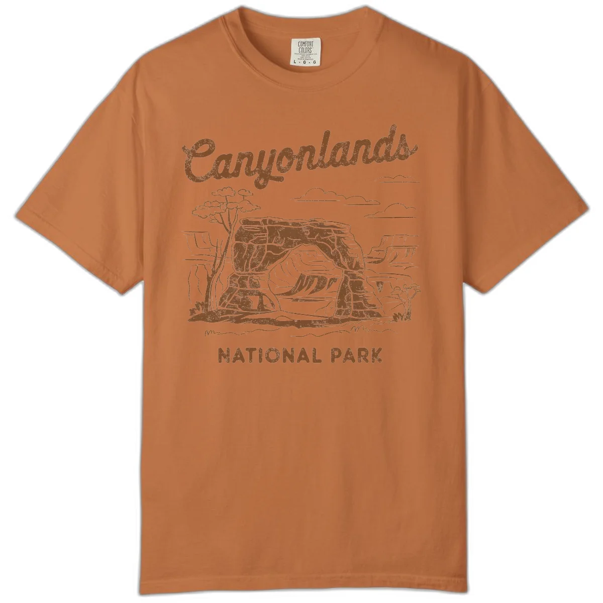 Vintage illustration of Canyonlands National Park featuring layered red rock canyon formations, desert acacia tree, and clouds in rust orange line art. in Yam