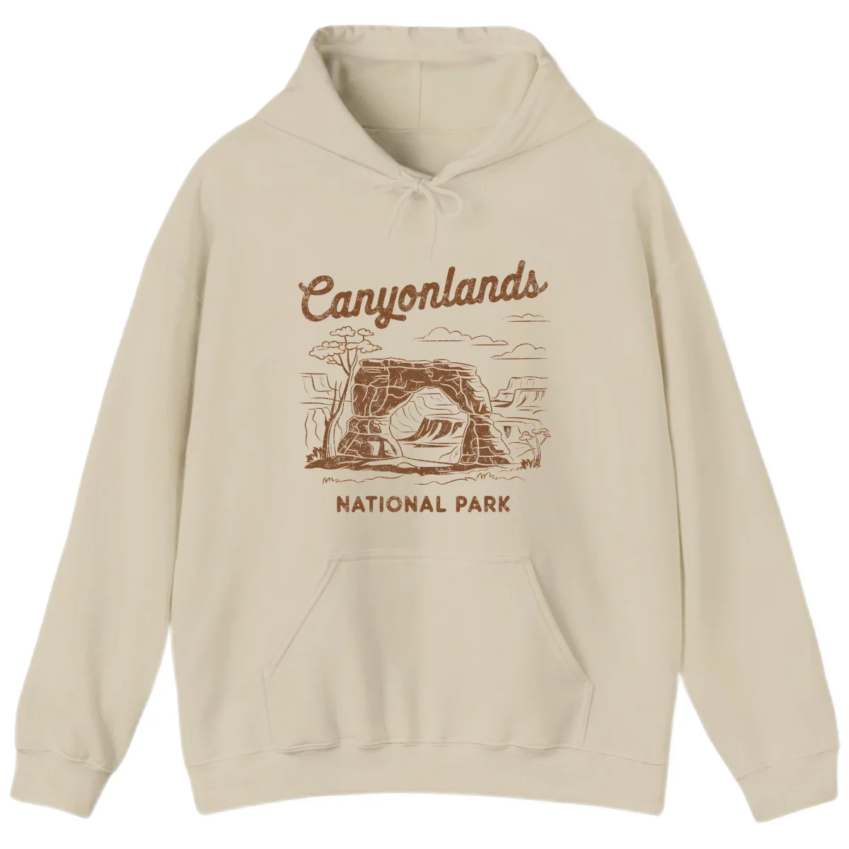 Vintage illustration of Canyonlands National Park featuring layered red rock canyon formations, desert acacia tree, and clouds in rust orange line art. in Sand