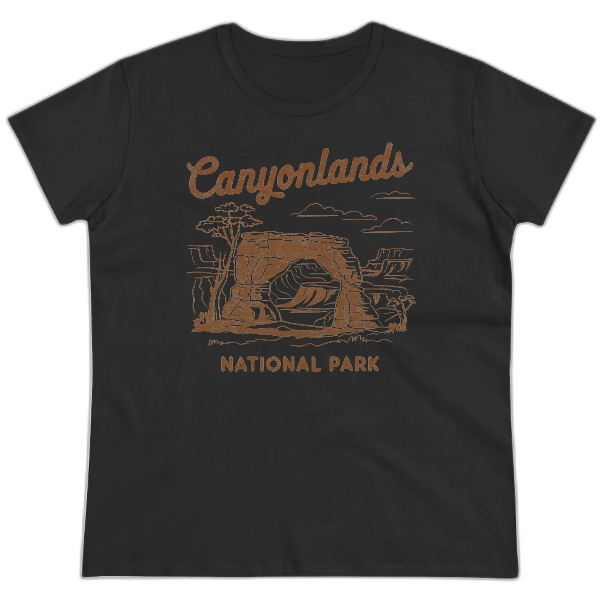 Vintage illustration of Canyonlands National Park featuring layered red rock canyon formations, desert acacia tree, and clouds in rust orange line art. in Black