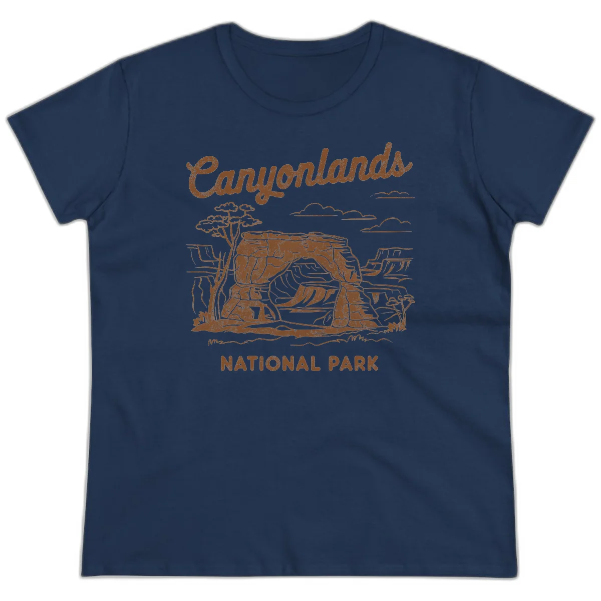 Vintage illustration of Canyonlands National Park featuring layered red rock canyon formations, desert acacia tree, and clouds in rust orange line art. in Navy