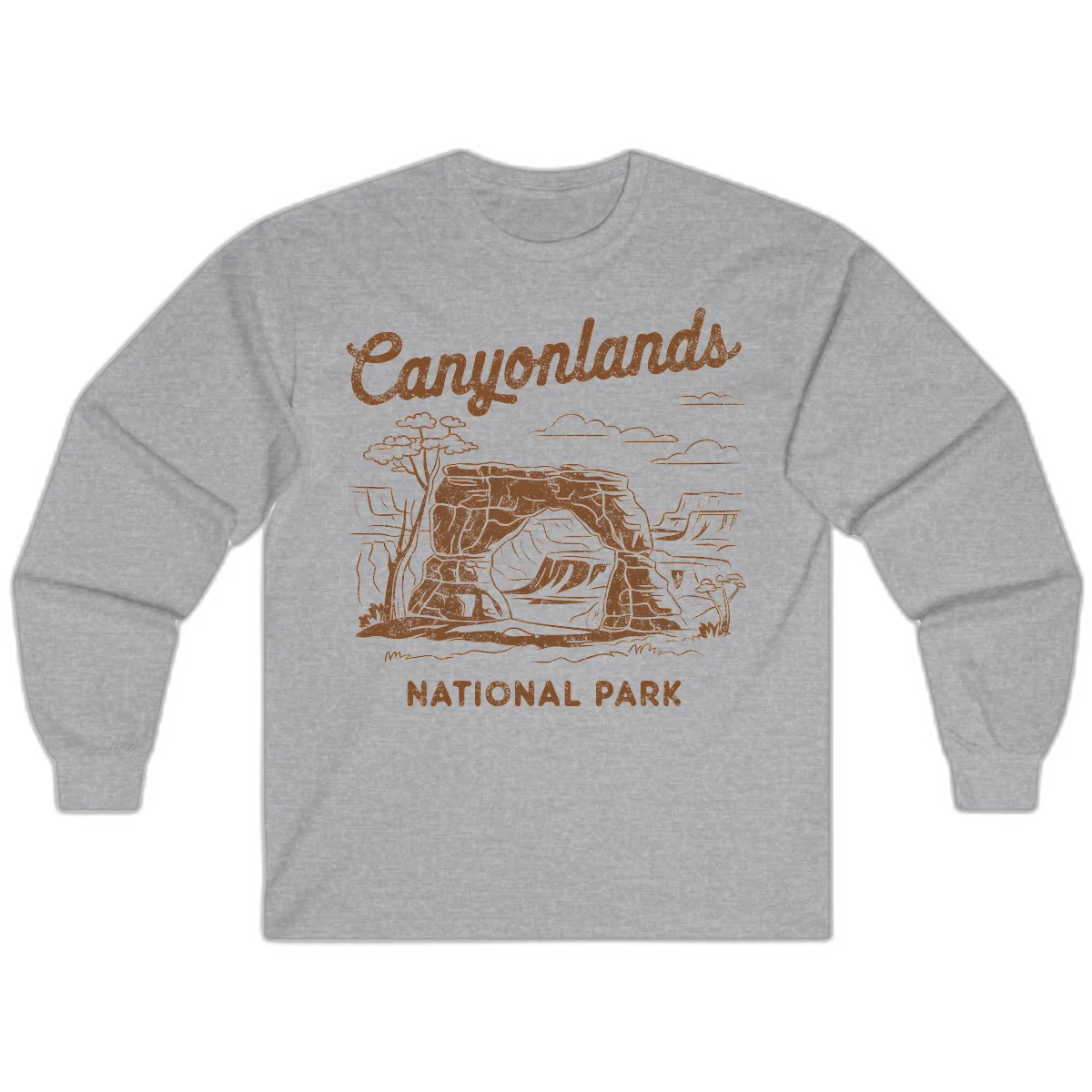 Vintage illustration of Canyonlands National Park featuring layered red rock canyon formations, desert acacia tree, and clouds in rust orange line art. in Sport Grey