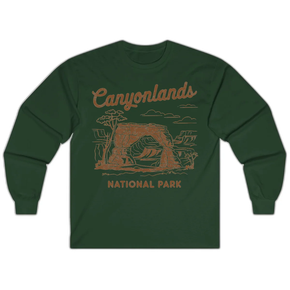 Vintage illustration of Canyonlands National Park featuring layered red rock canyon formations, desert acacia tree, and clouds in rust orange line art. in Forest Green