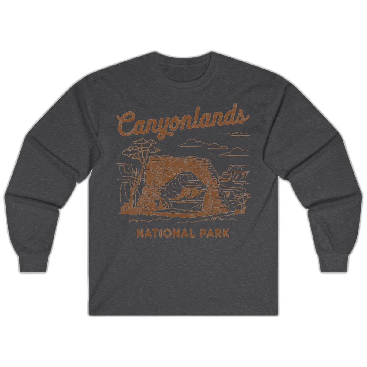 Vintage illustration of Canyonlands National Park featuring layered red rock canyon formations, desert acacia tree, and clouds in rust orange line art. in Dark Heather