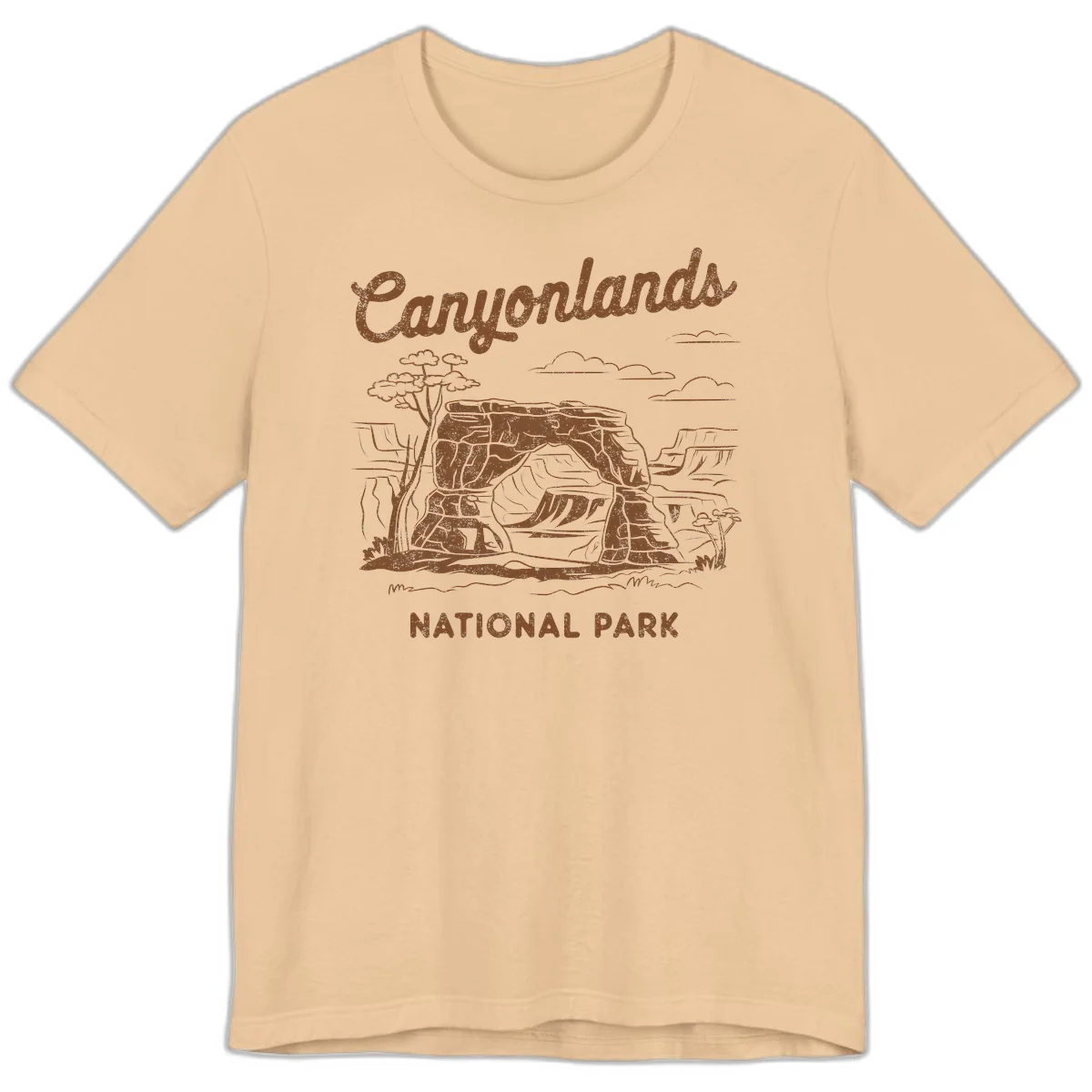 Vintage illustration of Canyonlands National Park featuring layered red rock canyon formations, desert acacia tree, and clouds in rust orange line art. in Sand Dune