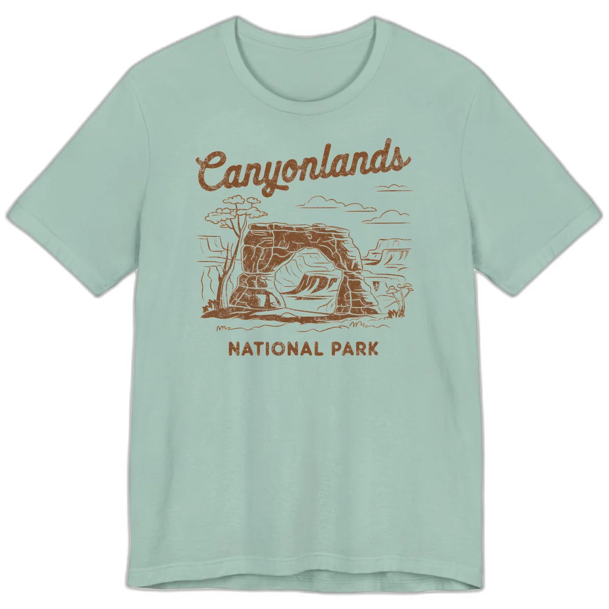 Vintage illustration of Canyonlands National Park featuring layered red rock canyon formations, desert acacia tree, and clouds in rust orange line art. in Dusty Blue