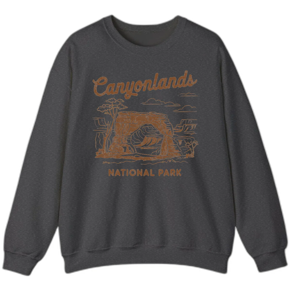 Vintage illustration of Canyonlands National Park featuring layered red rock canyon formations, desert acacia tree, and clouds in rust orange line art. in Dark Heather