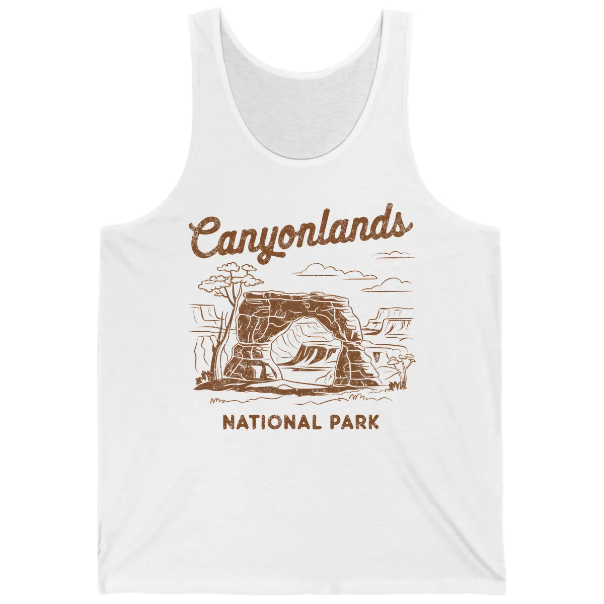 Vintage illustration of Canyonlands National Park featuring layered red rock canyon formations, desert acacia tree, and clouds in rust orange line art. in White