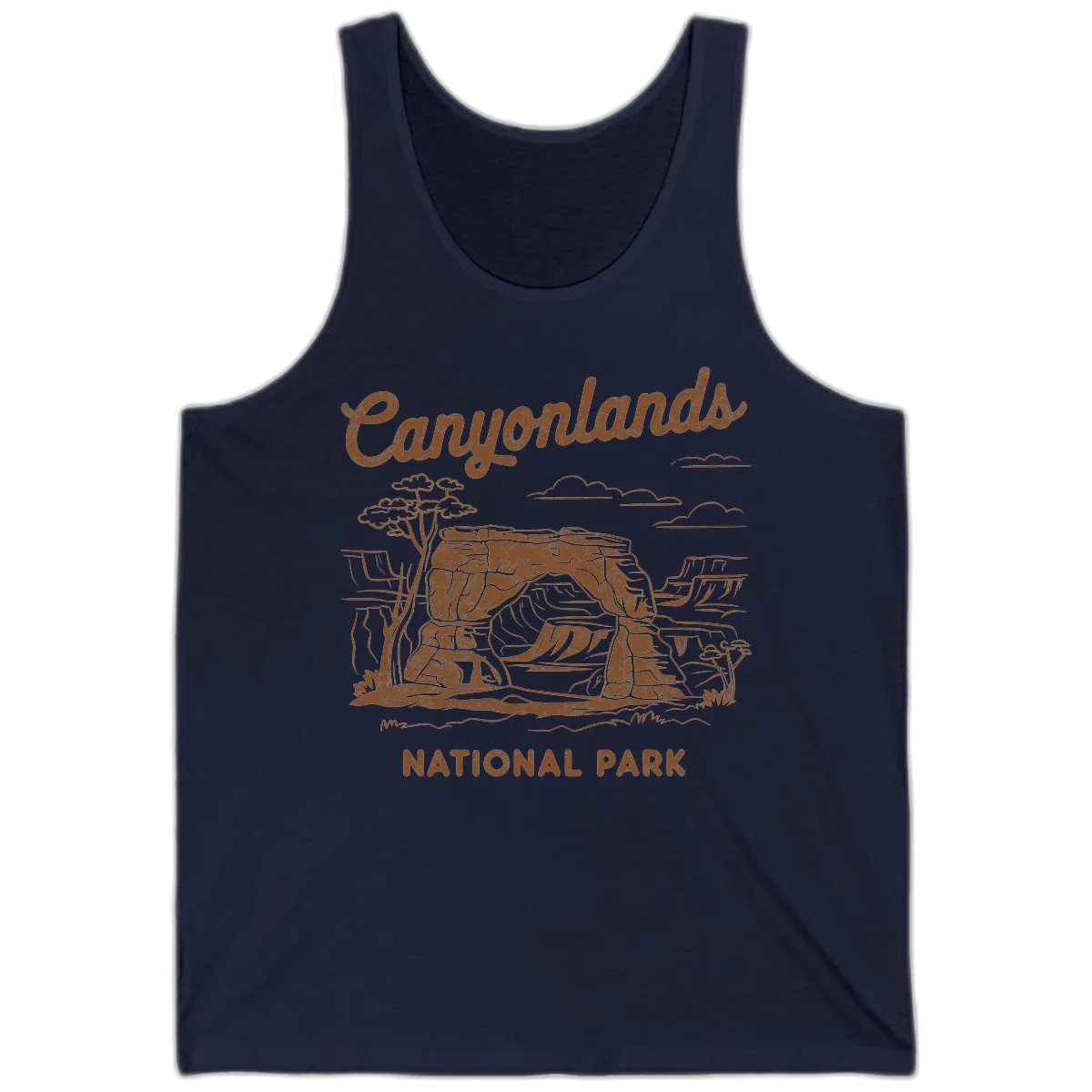 Vintage illustration of Canyonlands National Park featuring layered red rock canyon formations, desert acacia tree, and clouds in rust orange line art. in Navy