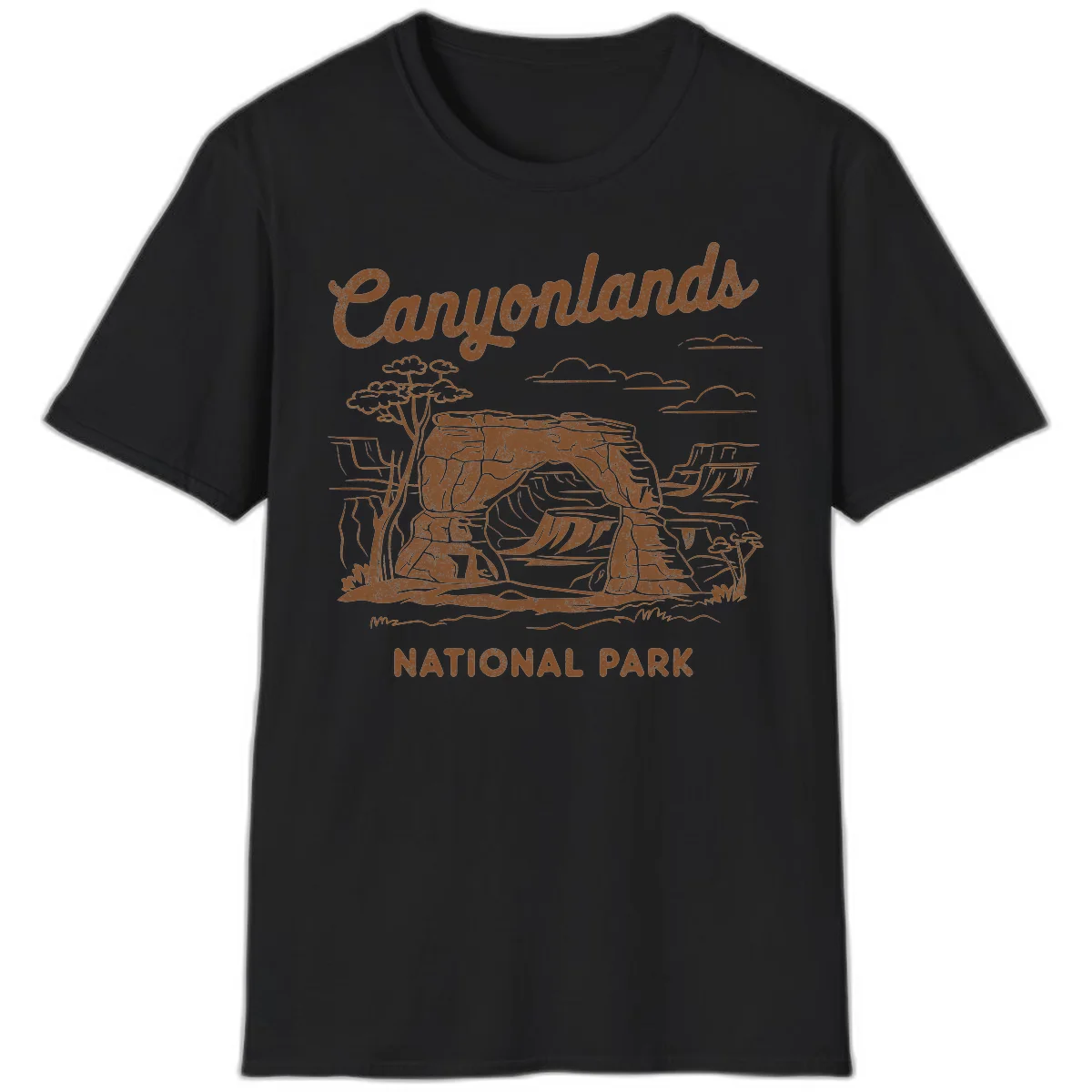 Vintage illustration of Canyonlands National Park featuring layered red rock canyon formations, desert acacia tree, and clouds in rust orange line art. in Black