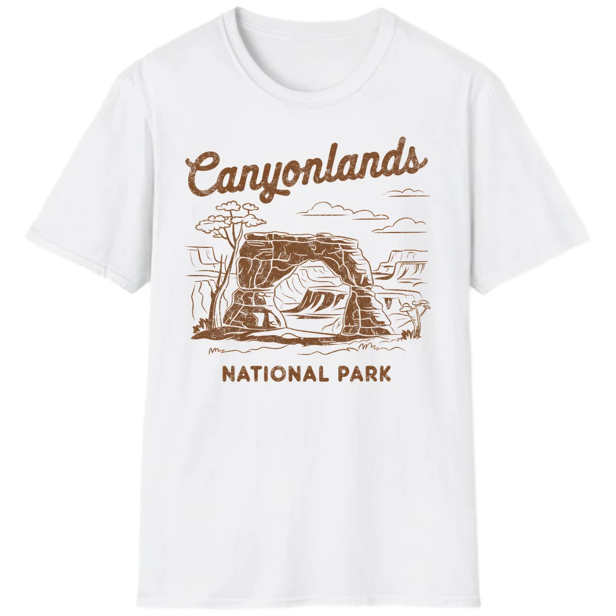 Vintage illustration of Canyonlands National Park featuring layered red rock canyon formations, desert acacia tree, and clouds in rust orange line art. in White