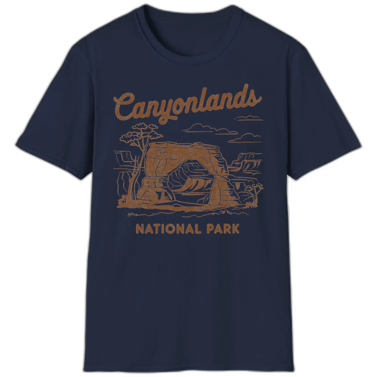 Vintage illustration of Canyonlands National Park featuring layered red rock canyon formations, desert acacia tree, and clouds in rust orange line art. in Navy