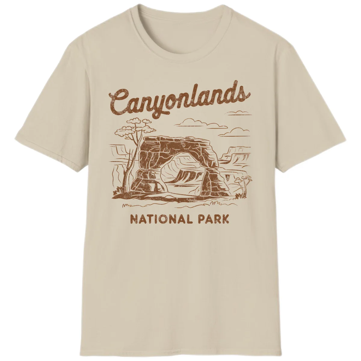 Vintage illustration of Canyonlands National Park featuring layered red rock canyon formations, desert acacia tree, and clouds in rust orange line art. in Sand