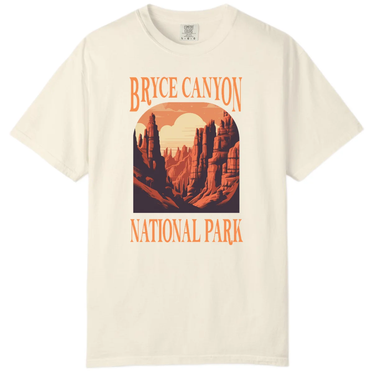 Vintage travel poster illustration of Bryce Canyon hoodoos with sunset sky and rock formations in Ivory