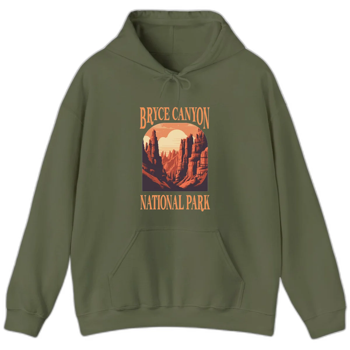 Vintage travel poster illustration of Bryce Canyon hoodoos with sunset sky and rock formations in Military Green