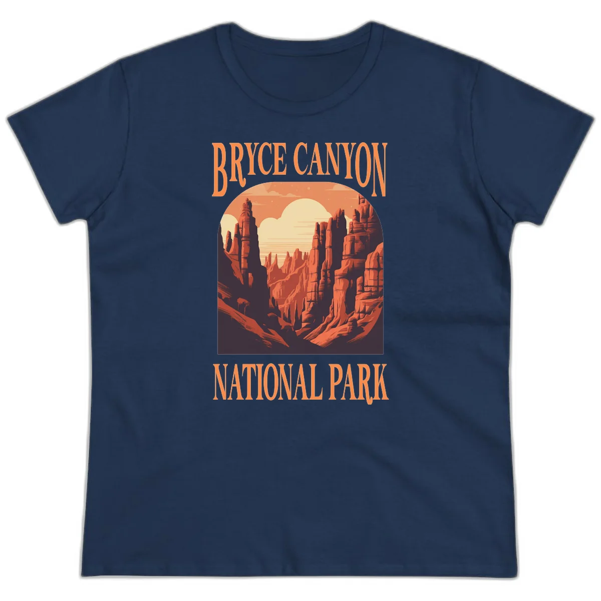 Vintage travel poster illustration of Bryce Canyon hoodoos with sunset sky and rock formations in Navy