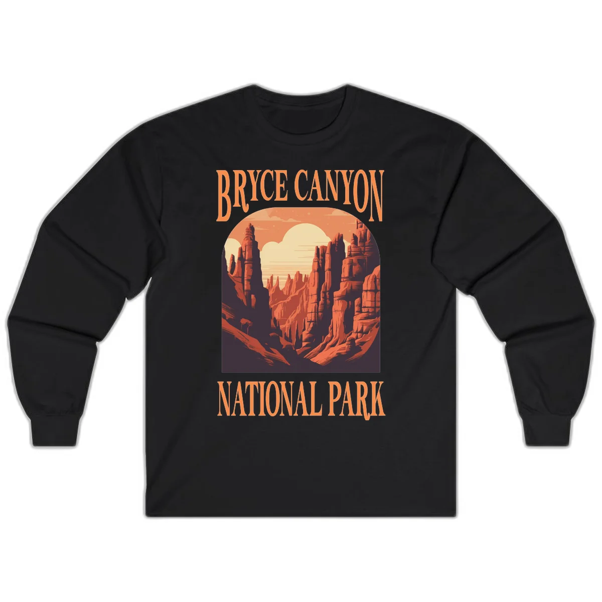 Vintage travel poster illustration of Bryce Canyon hoodoos with sunset sky and rock formations in Black