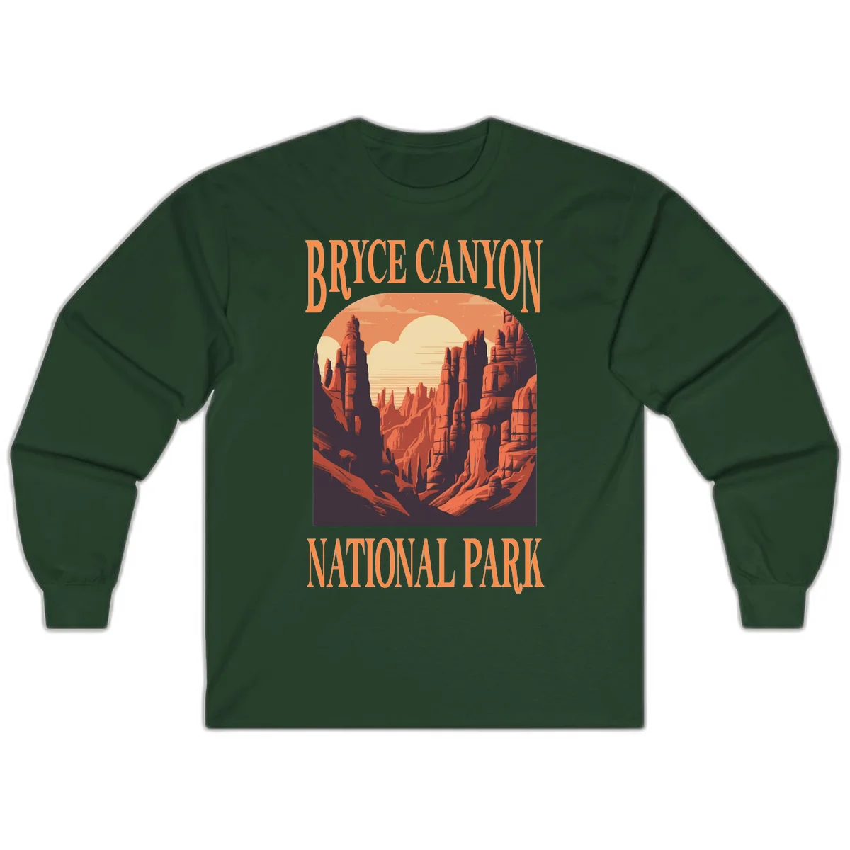 Vintage travel poster illustration of Bryce Canyon hoodoos with sunset sky and rock formations in Forest Green