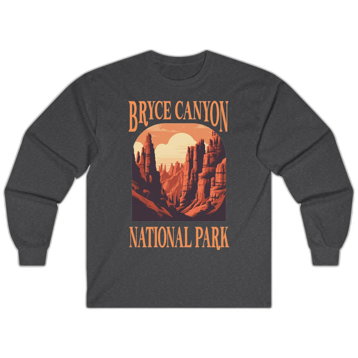 Vintage travel poster illustration of Bryce Canyon hoodoos with sunset sky and rock formations in Dark Heather