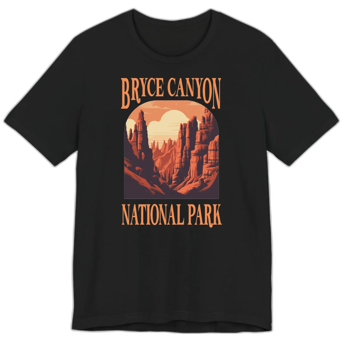 Vintage travel poster illustration of Bryce Canyon hoodoos with sunset sky and rock formations in Black