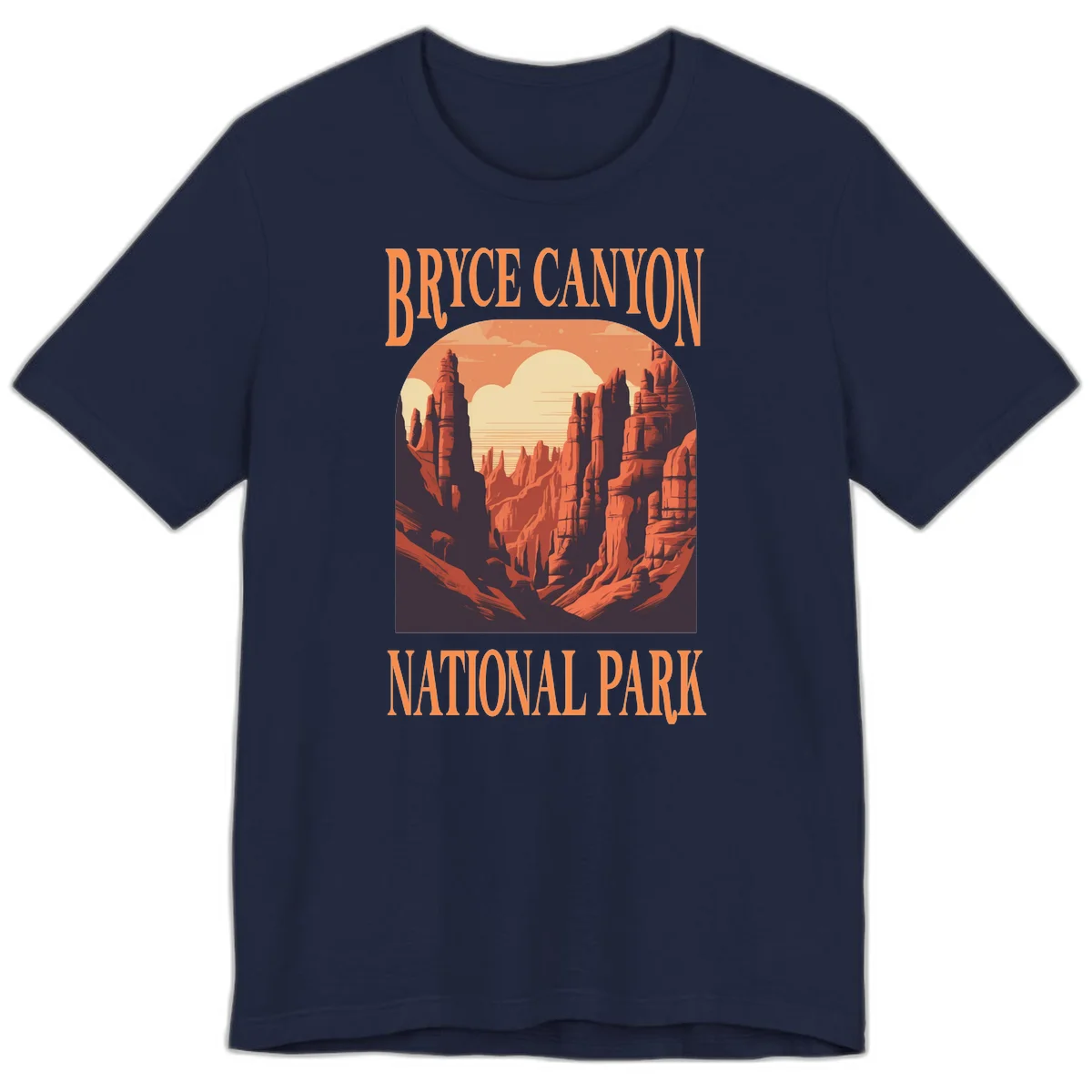 Vintage travel poster illustration of Bryce Canyon hoodoos with sunset sky and rock formations in Navy