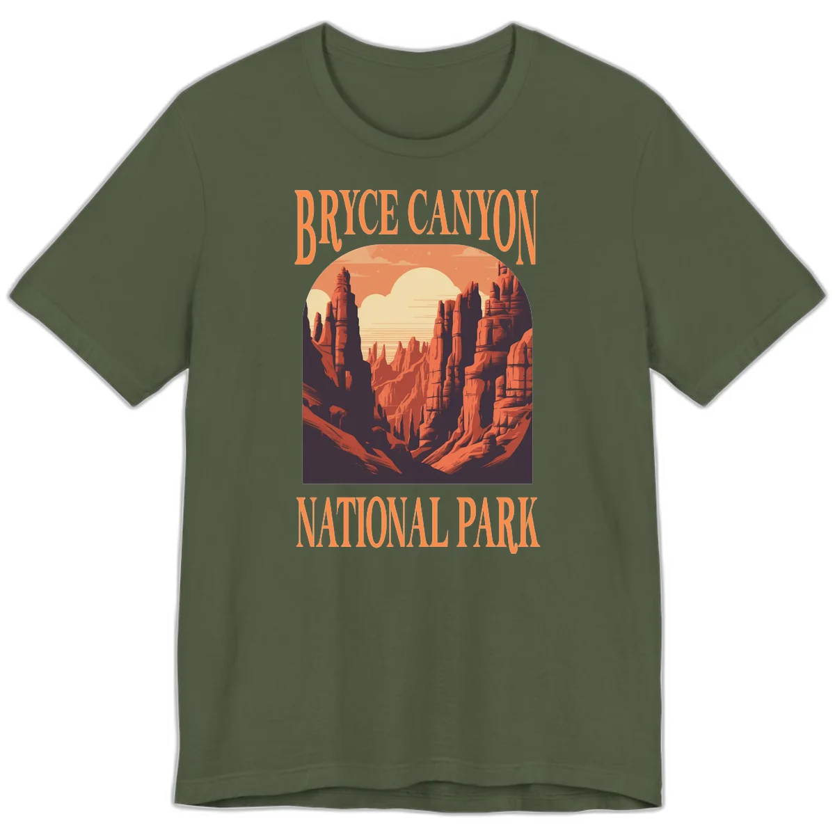 Vintage travel poster illustration of Bryce Canyon hoodoos with sunset sky and rock formations in Military Green