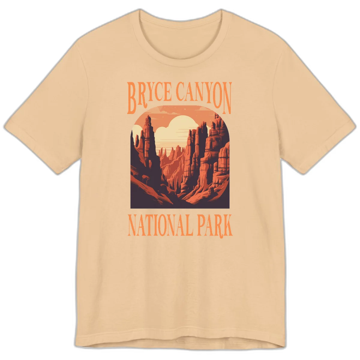 Vintage travel poster illustration of Bryce Canyon hoodoos with sunset sky and rock formations in Sand Dune