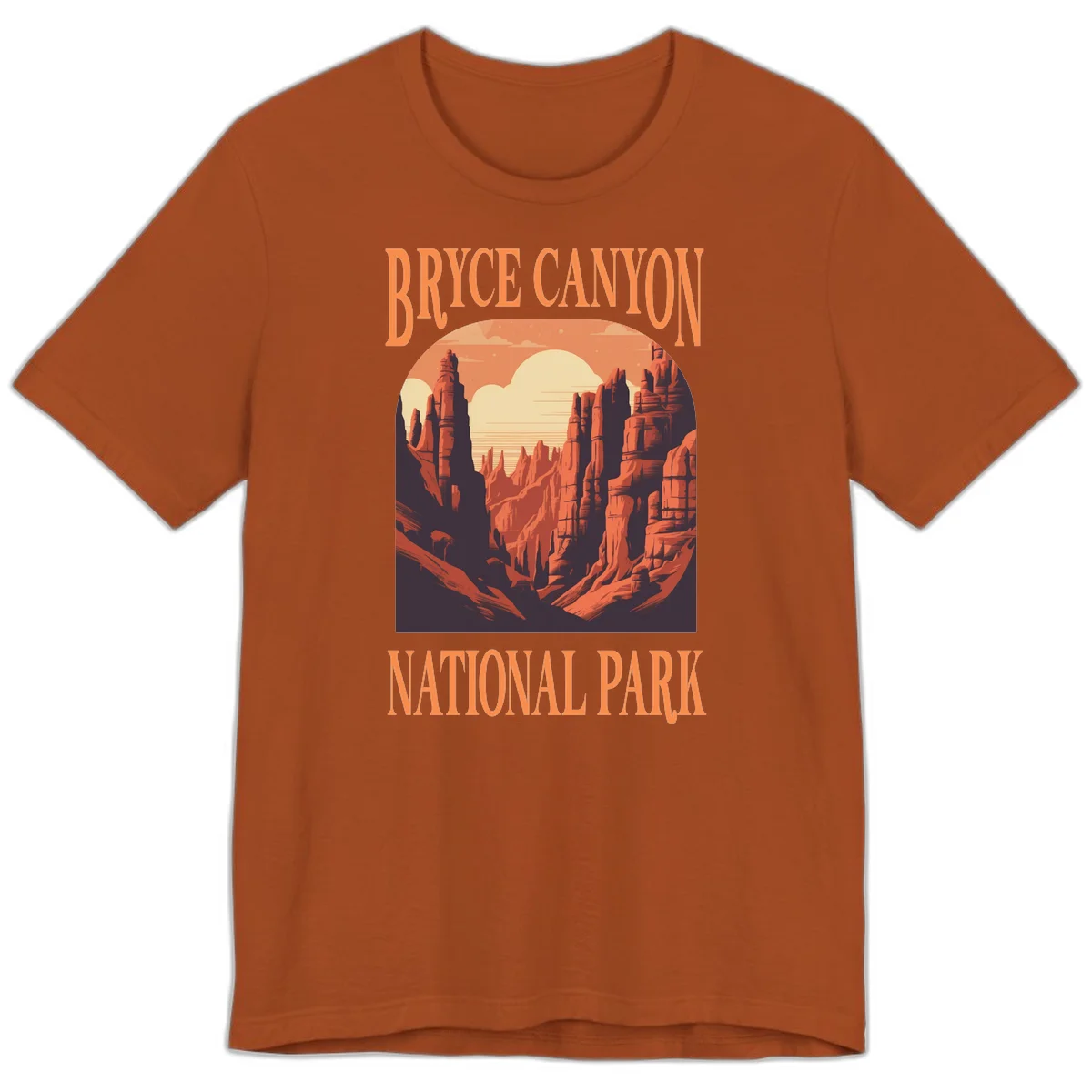 Vintage travel poster illustration of Bryce Canyon hoodoos with sunset sky and rock formations in Autumn