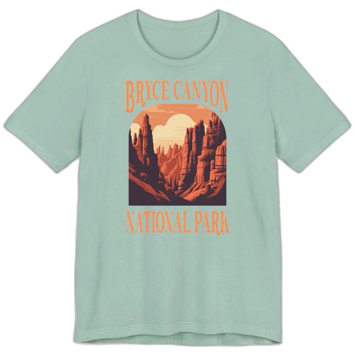 Vintage travel poster illustration of Bryce Canyon hoodoos with sunset sky and rock formations in Dusty Blue