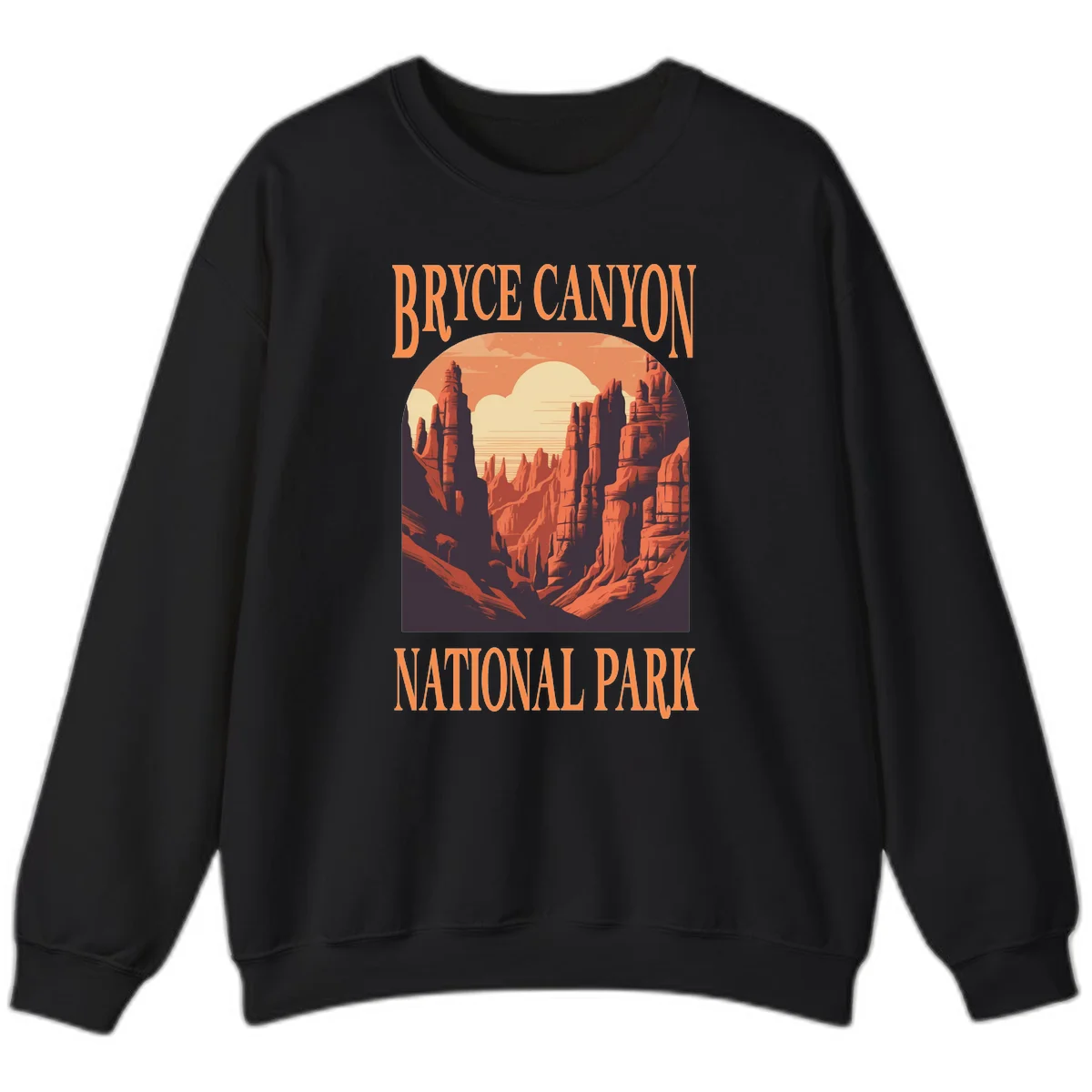 Vintage travel poster illustration of Bryce Canyon hoodoos with sunset sky and rock formations in Black