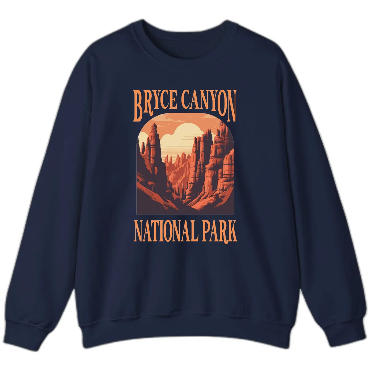 Vintage travel poster illustration of Bryce Canyon hoodoos with sunset sky and rock formations in Navy