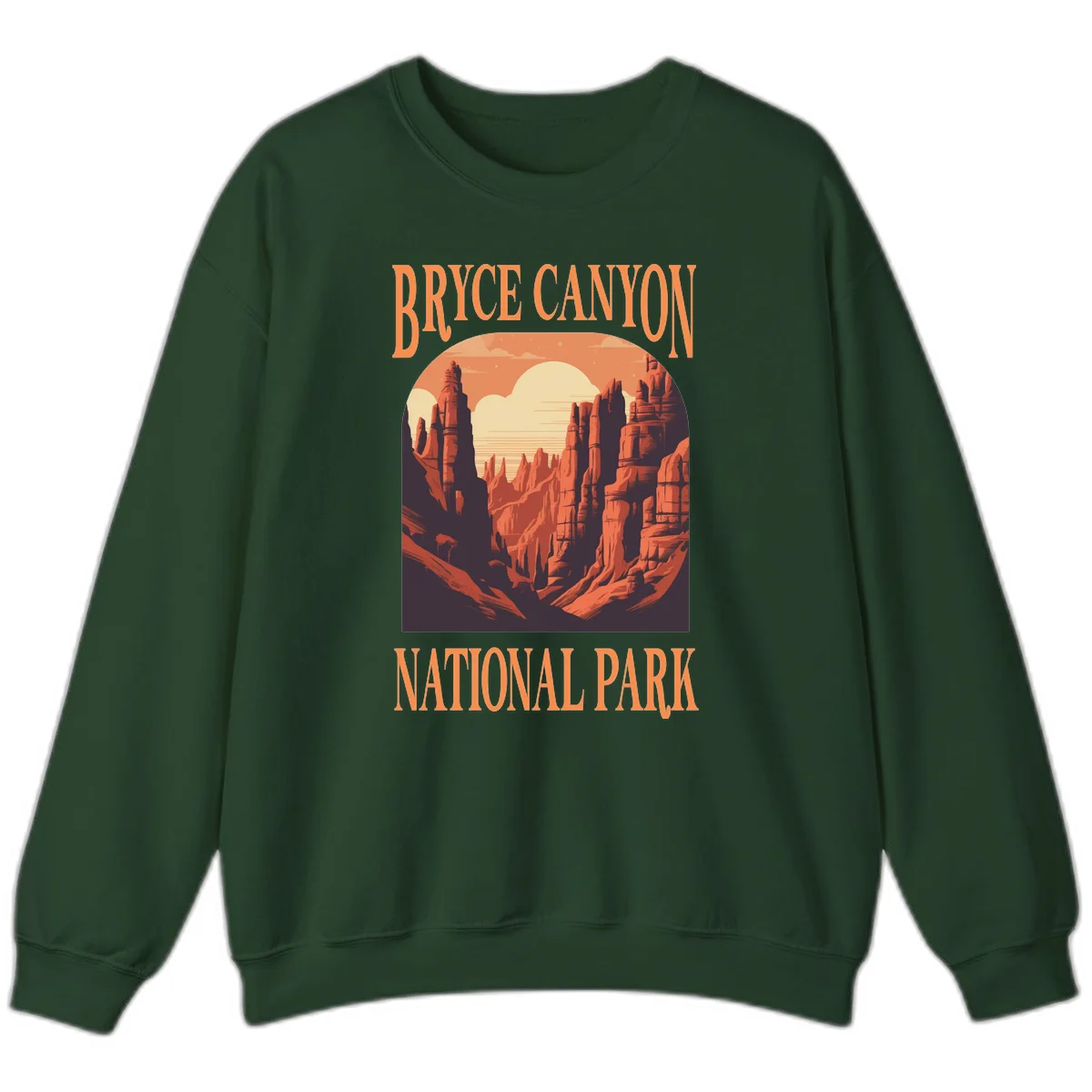 Vintage travel poster illustration of Bryce Canyon hoodoos with sunset sky and rock formations in Forest Green