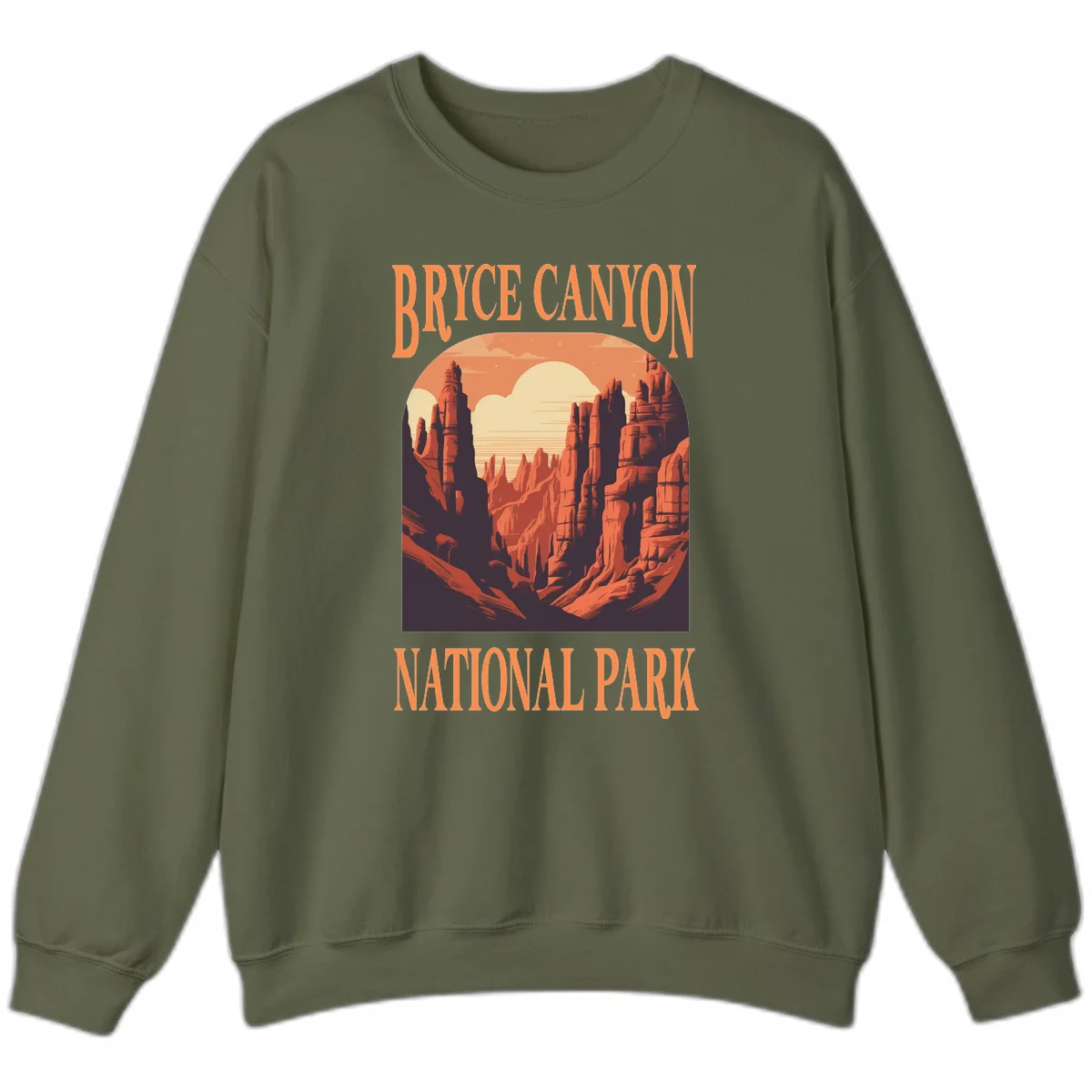 Vintage travel poster illustration of Bryce Canyon hoodoos with sunset sky and rock formations in Military Green