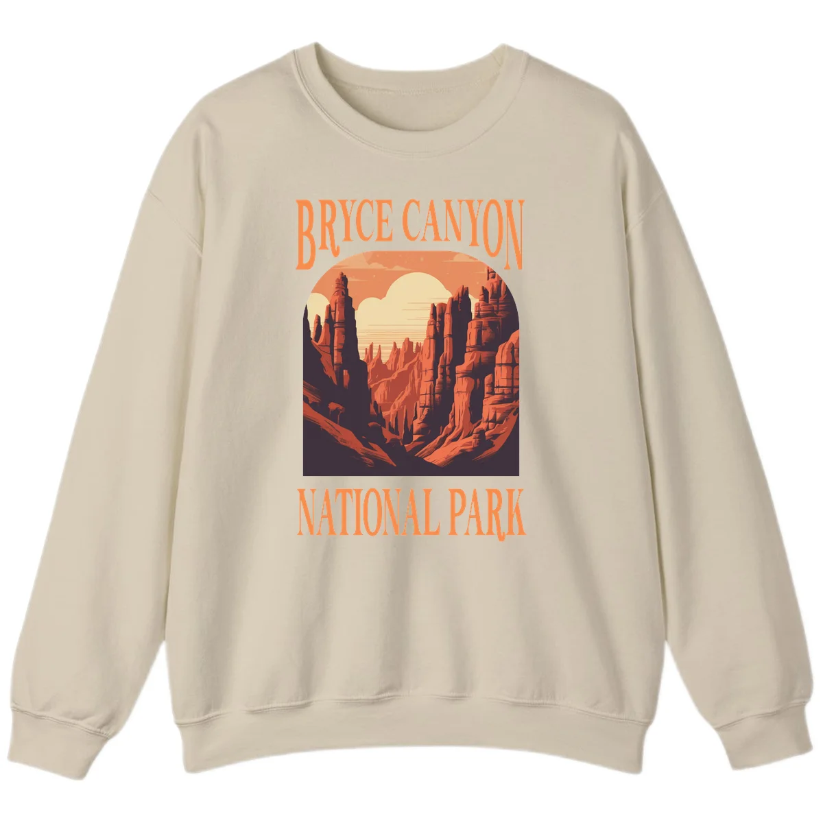 Vintage travel poster illustration of Bryce Canyon hoodoos with sunset sky and rock formations in Sand