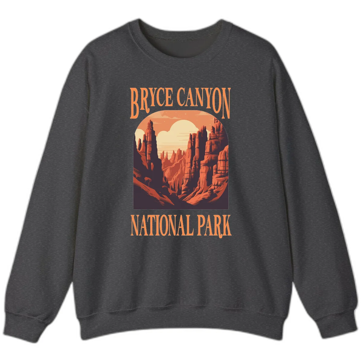 Vintage travel poster illustration of Bryce Canyon hoodoos with sunset sky and rock formations in Dark Heather