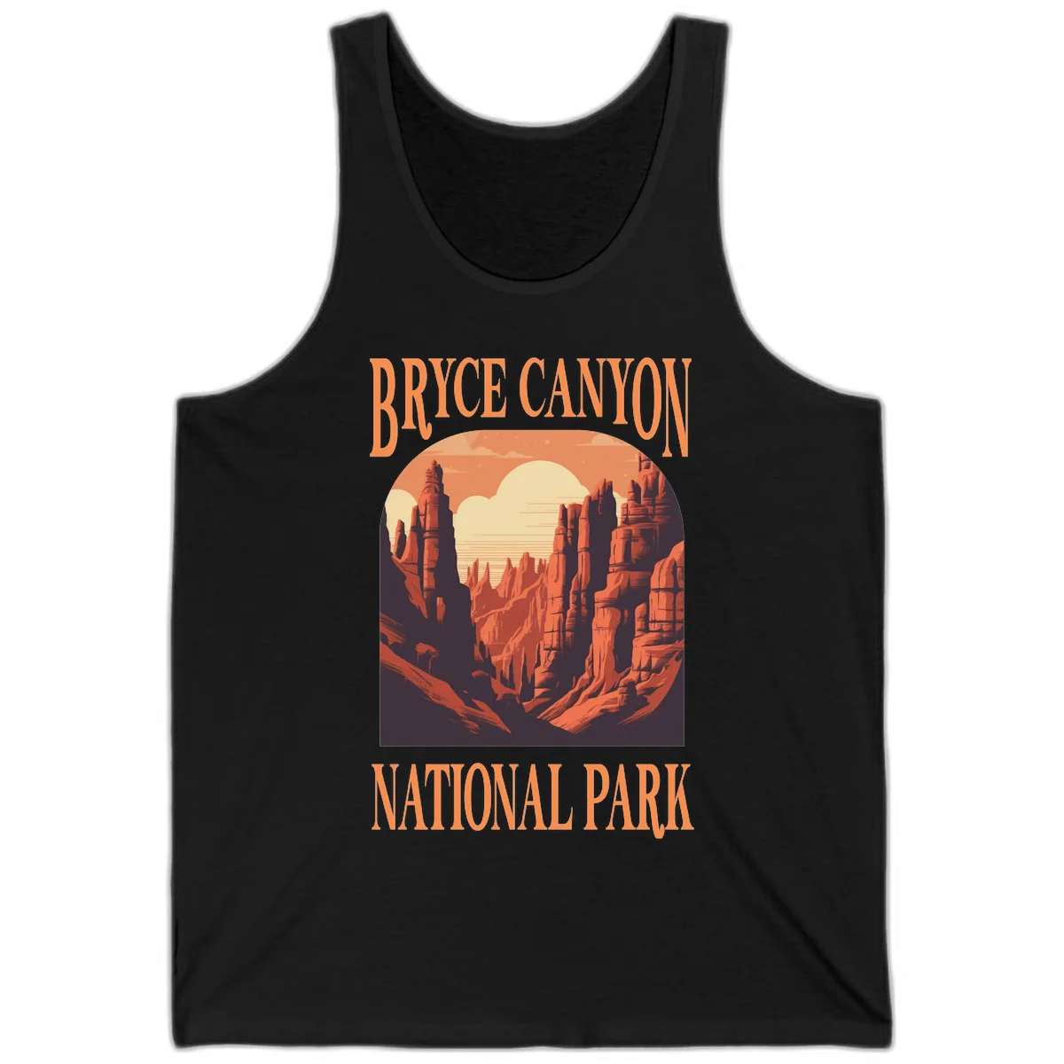 Vintage travel poster illustration of Bryce Canyon hoodoos with sunset sky and rock formations in Black