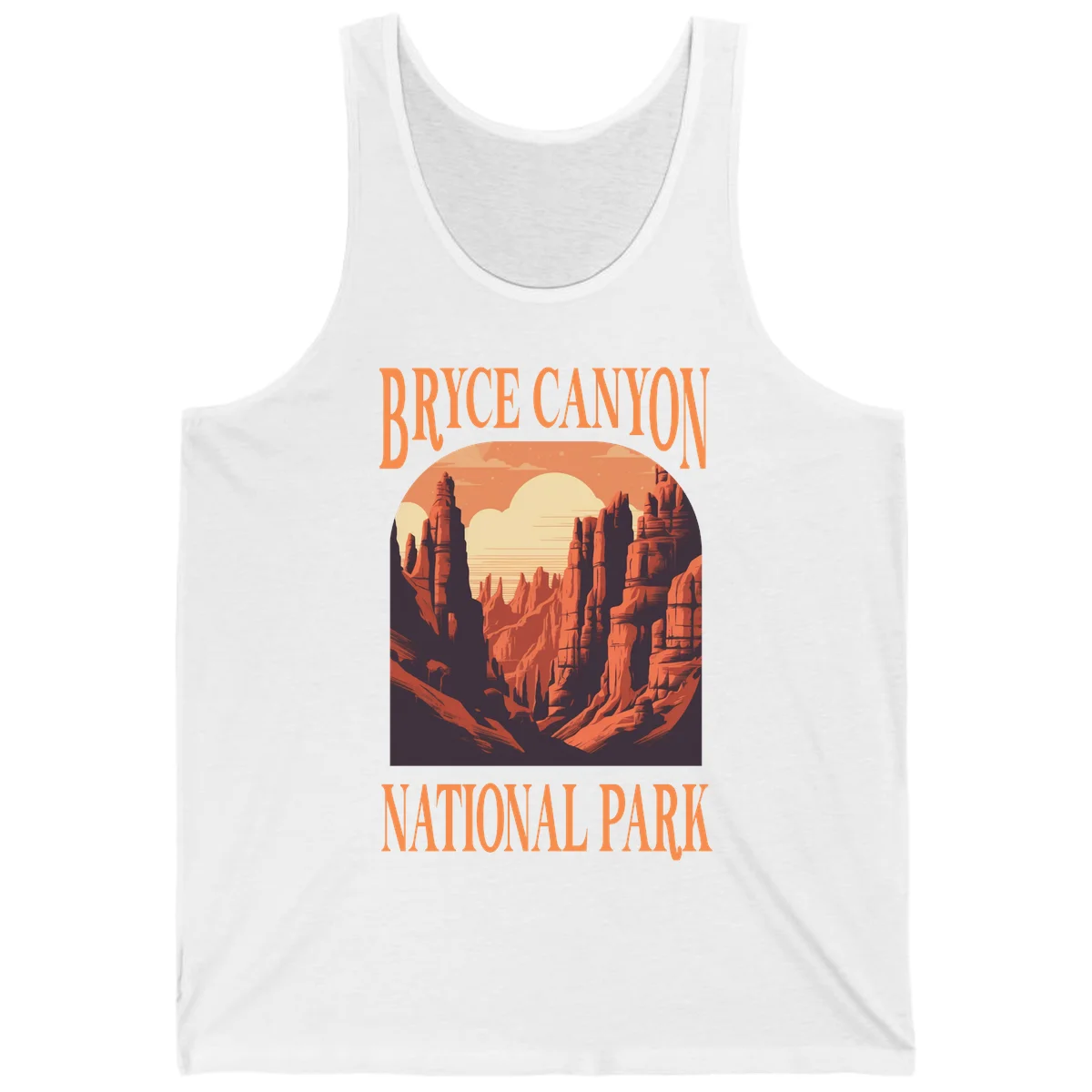 Vintage travel poster illustration of Bryce Canyon hoodoos with sunset sky and rock formations in White