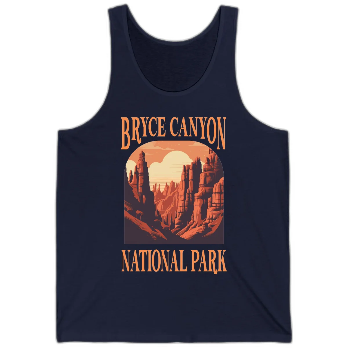 Vintage travel poster illustration of Bryce Canyon hoodoos with sunset sky and rock formations in Navy