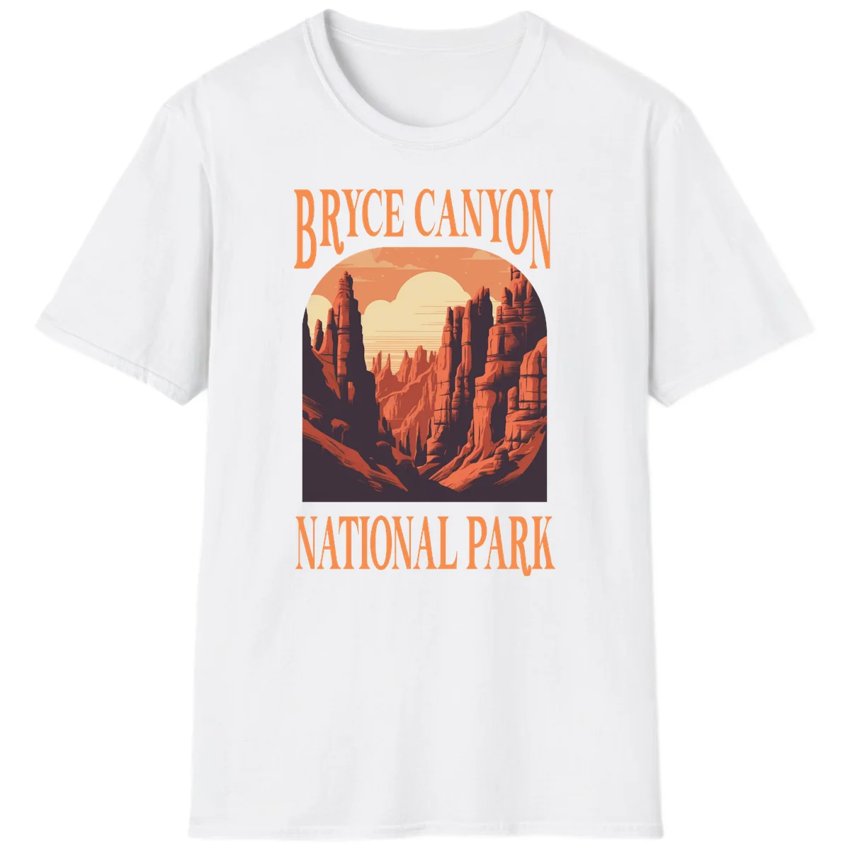 Vintage travel poster illustration of Bryce Canyon hoodoos with sunset sky and rock formations in White