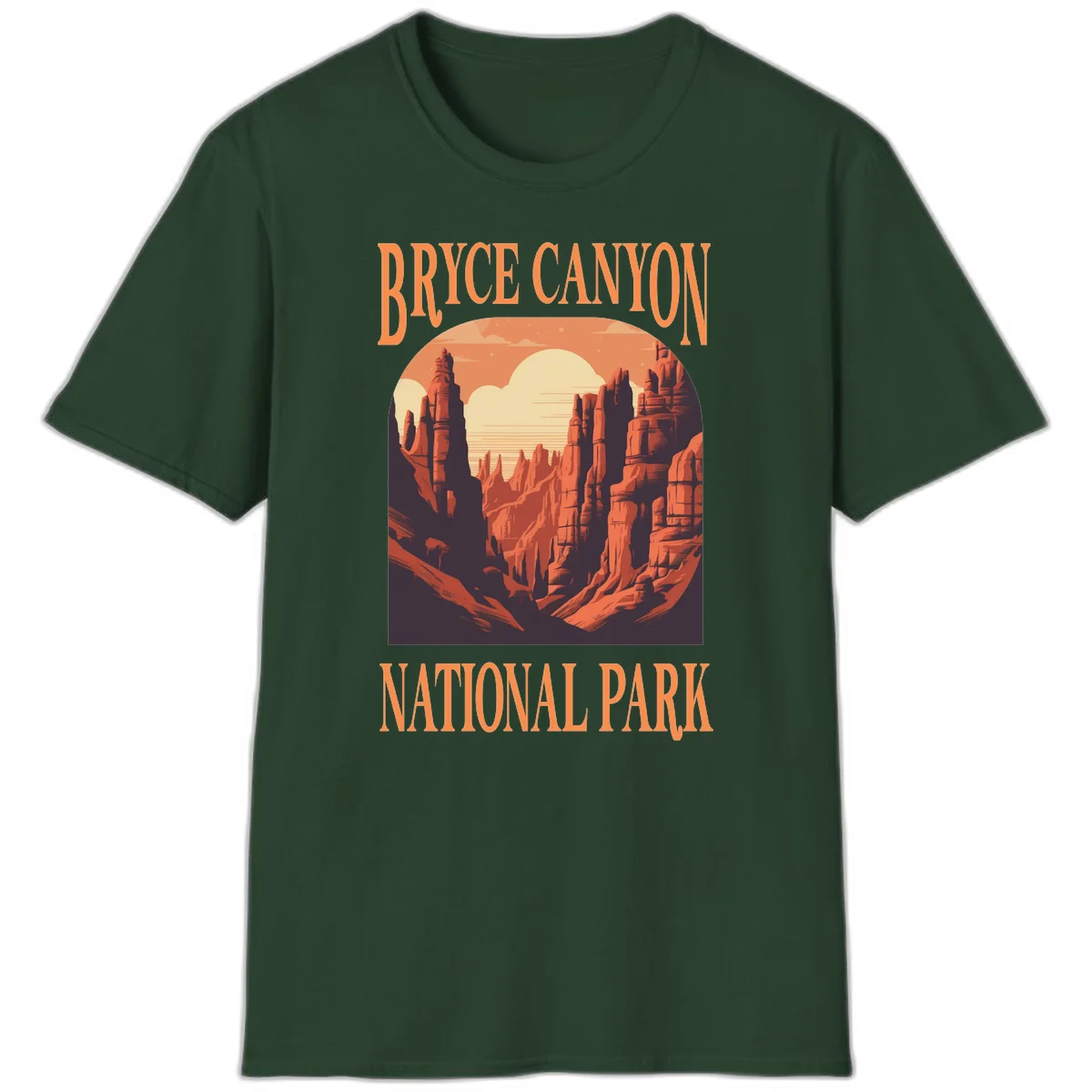 Vintage travel poster illustration of Bryce Canyon hoodoos with sunset sky and rock formations in Forest Green