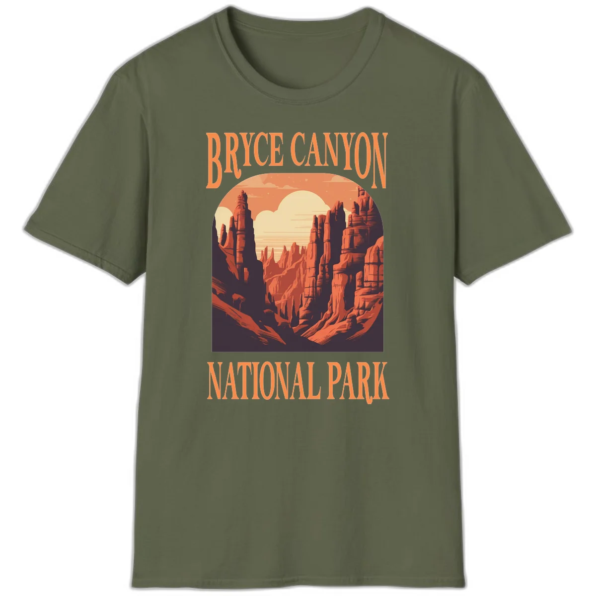 Vintage travel poster illustration of Bryce Canyon hoodoos with sunset sky and rock formations in Military Green